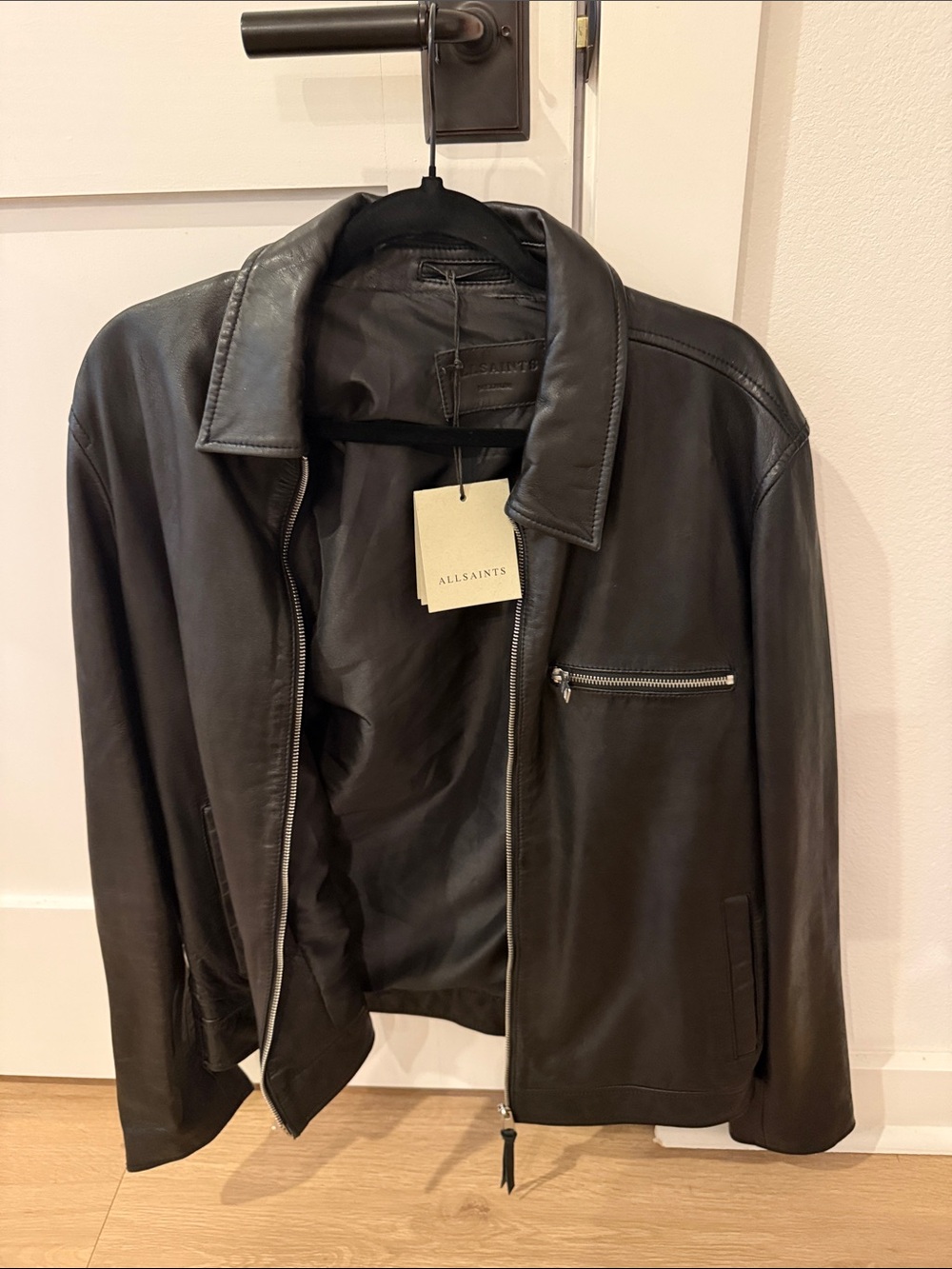 AllSaints Men's Black Leather Bomber Jacket